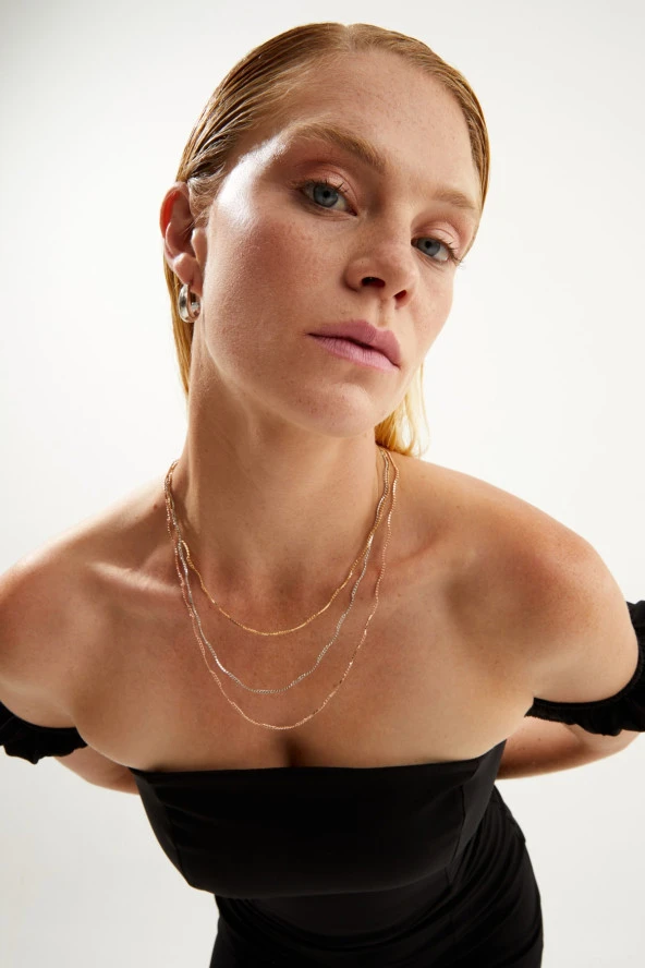 3lü Rose-gümüş-sarı Kadın Kolye Pdmz16 - 4