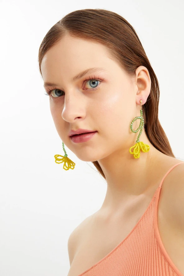 Limited Edition Kristal Boncuklu 100 El Yapımı Ayçiçek Salkım Küpe Pdmy41 - 2