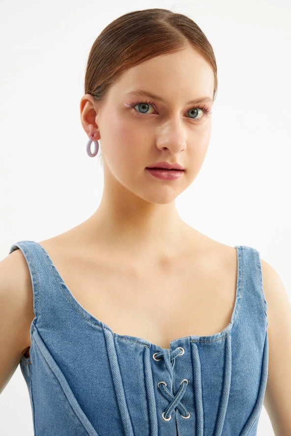 Limited Edition Mor Halka Denim Küpe Pdmy32 - 3