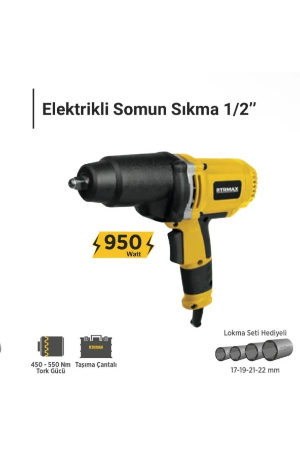 Rtrmax Rtm3090 Elektrikli Darbeli Somun Sıkma 1/2 İnch 950W 550Nm