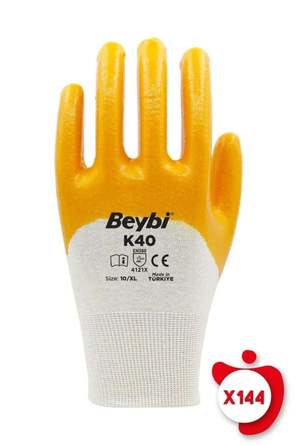 Beybi K40 Sarı Nitril Kaplı Pamuk Ve Polyester Örgü Iş Eldiveni 10 Beden 144 Çift