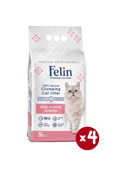 Felin Bebek Pudrası Kokulu Topaklanan İnce Taneli Kedi Kumu 5Lx4