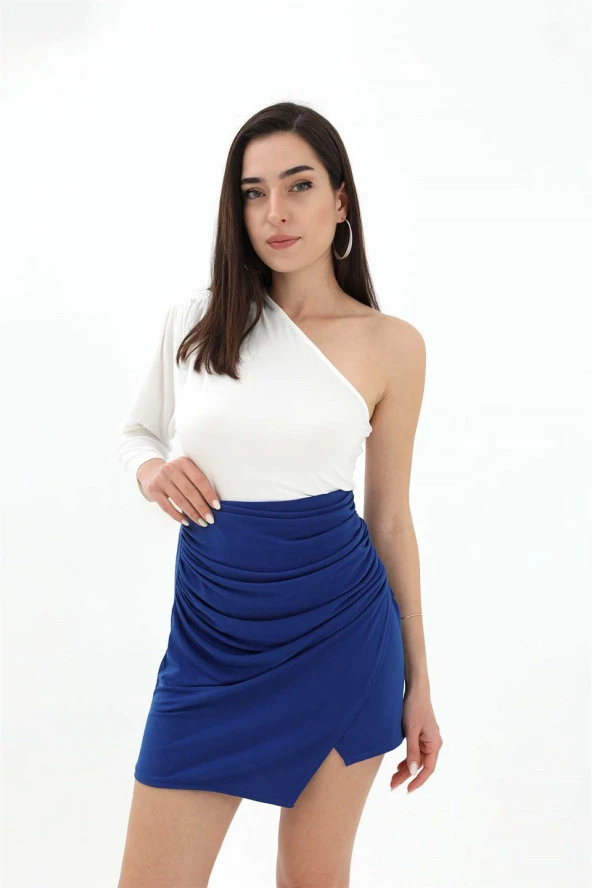 Yanları Büzgülü Beli Lastikli Etek - Mavi