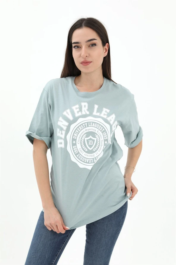 Bisiklet Yaka Denver Leagune Baskılı T-Shirt - Mint Yeşili