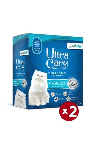 Ultra Care Series Hassas Kediler İçin Gümüş İyonlu Topaklanan İnce Taneli Kedi Kumu 8Lx2