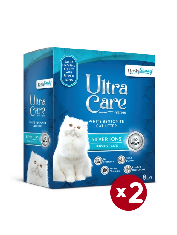 Ultra Care Series Hassas Kediler İçin Gümüş İyonlu Topaklanan İnce Taneli Kedi Kumu 8Lx2