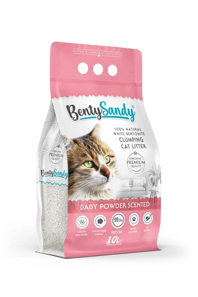 BentySandy Bebek Pudrası Kokulu Topaklanan İnce Taneli Kedi Kumu 10L