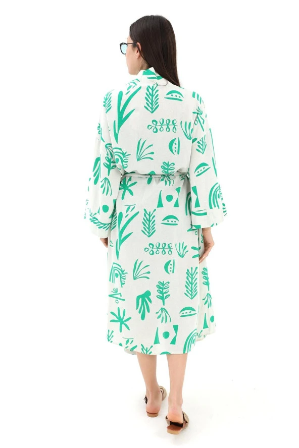 Baskılı Keten Kimono - Yeşil - 4