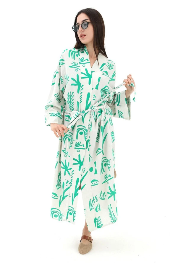 Baskılı Keten Kimono - Yeşil - 2