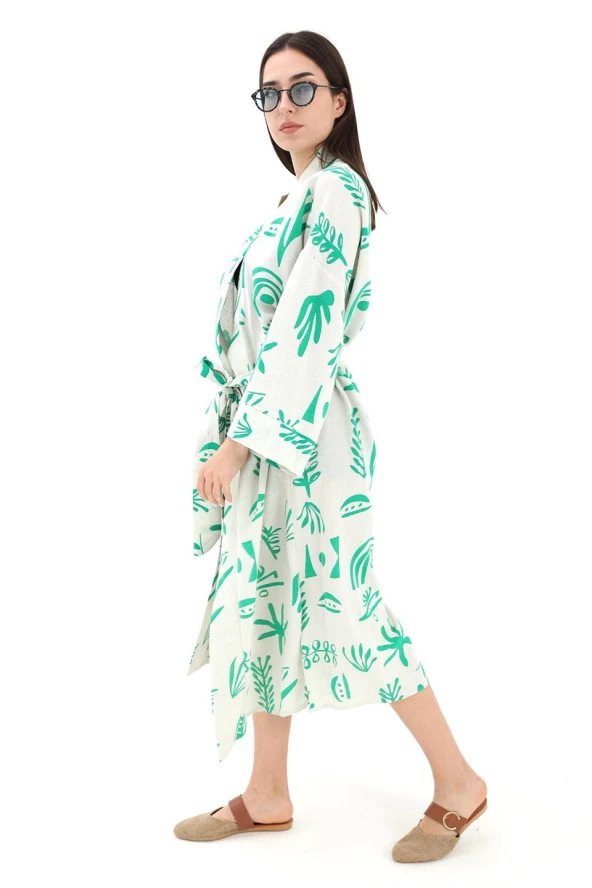 Baskılı Keten Kimono - Yeşil - 3