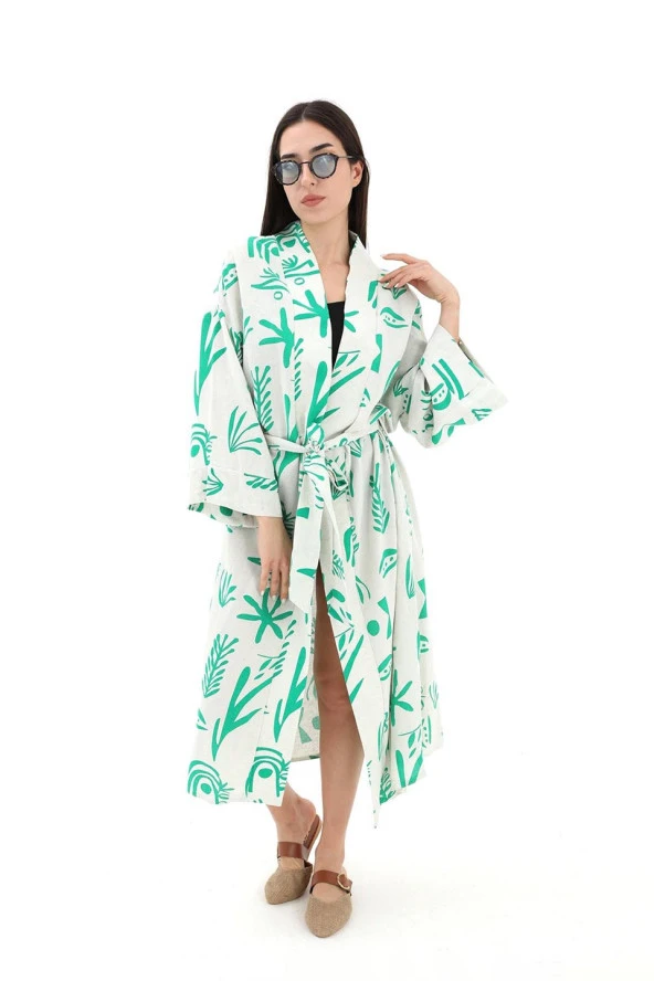 Baskılı Keten Kimono - Yeşil - 7