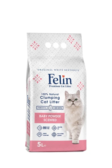 Felin Bebek Pudrası Kokulu Topaklanan İnce Taneli Kedi Kumu 5L
