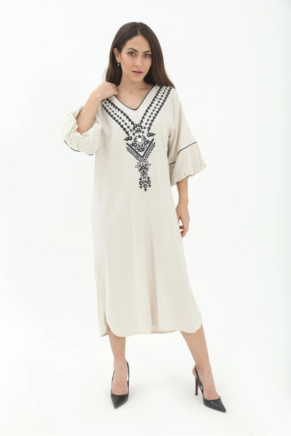 Balon Kol Nakışlı Kimono - Taş - 3
