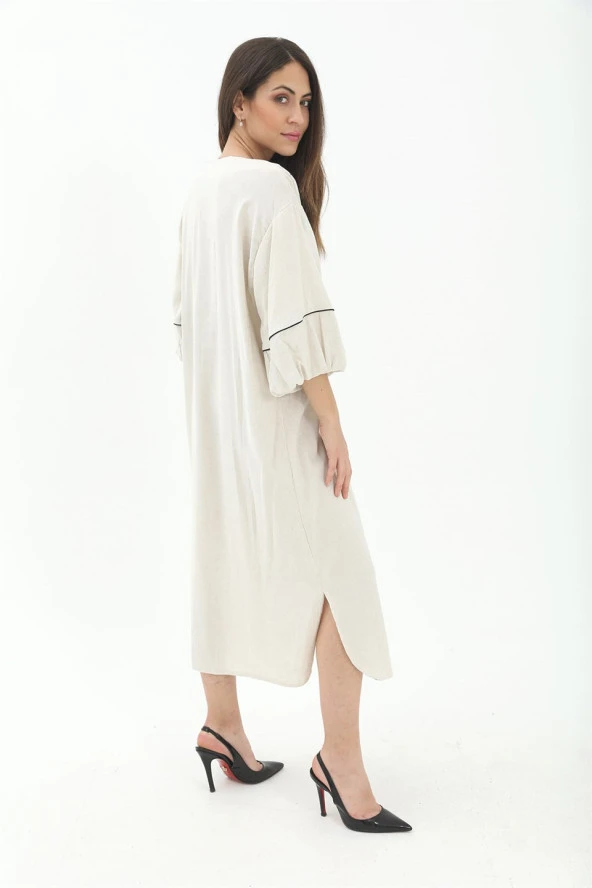 Balon Kol Nakışlı Kimono - Taş - 4