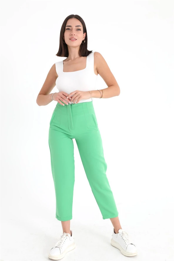 Yüksek Bel Pensli Atlas Kumaş Pantolon - Açık Yeşil