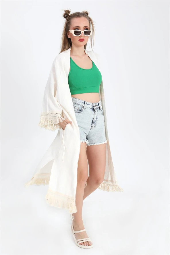 Kimono Palmiye Baskılı Püsküllü - Ekru - 2