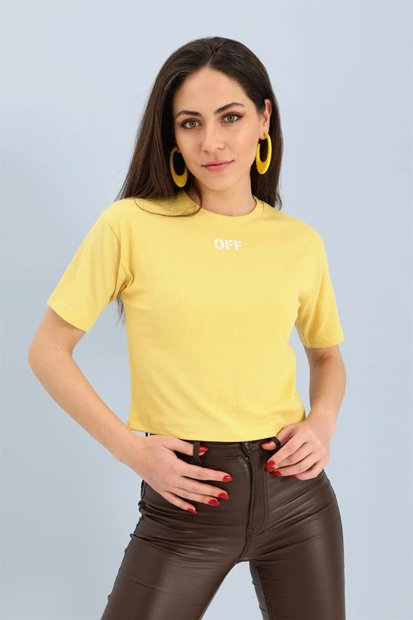 Tshirt Crop Bisiklet Yaka Off Yazılı - Sarı