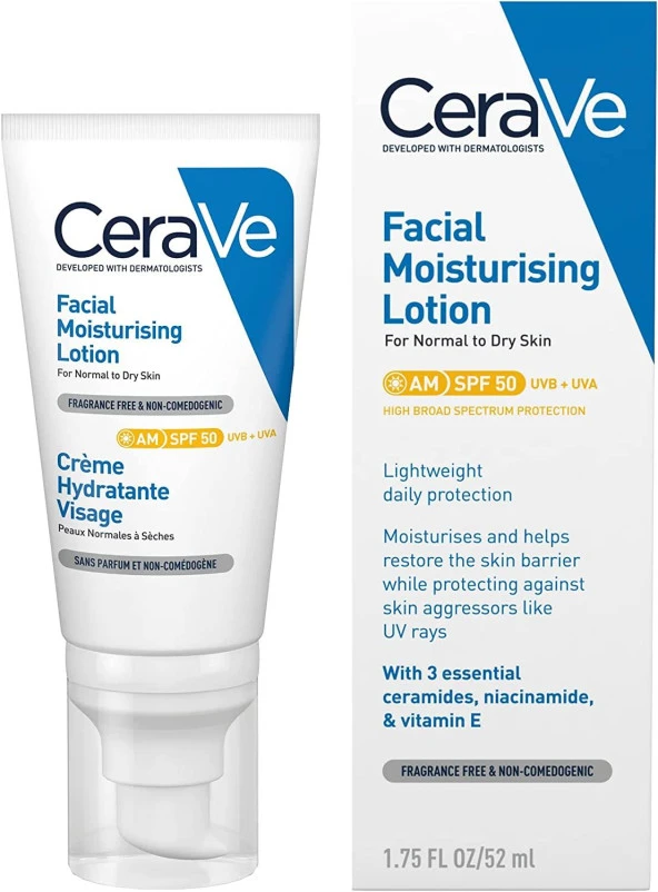 Cerave Yüz Nemlendirici Krem Normal ve Kuruya Dönük Ciltler İçin SPF50 52 ml