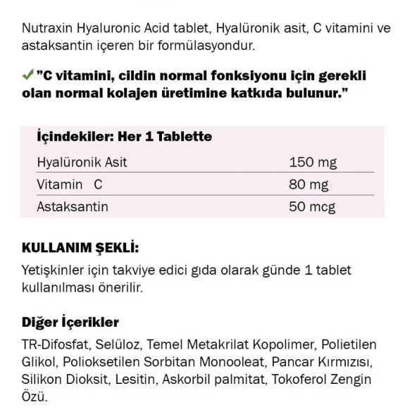 Nutraxin Beauty Hyaluronik Acid 30 Tablet - Resim 2