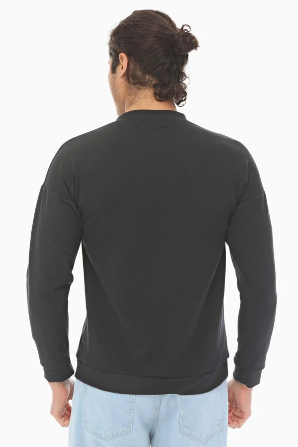 Siyah Oversize Kesim Sweat-shirt Uzun Kol Yüksek Baskılı Kışlık Esnek Pamuk Şık Tişört