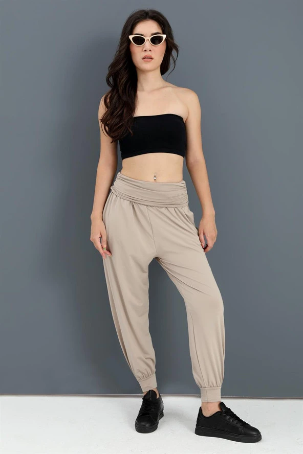 Yüksek Bel Cepli Jogger Pantolon - Bej