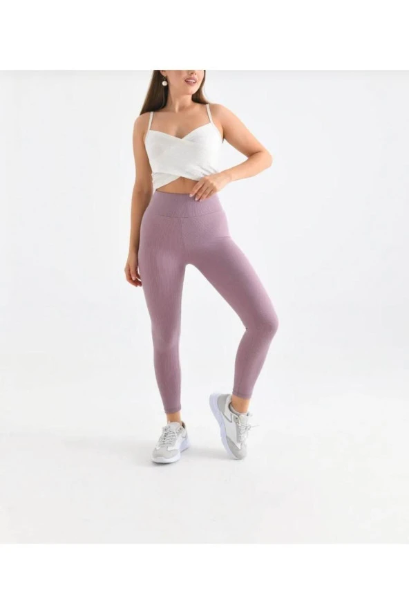 Kadın Korseli Pudra Renk Fitilli Yüksel Bel Toparlayıcı Tayt - 2