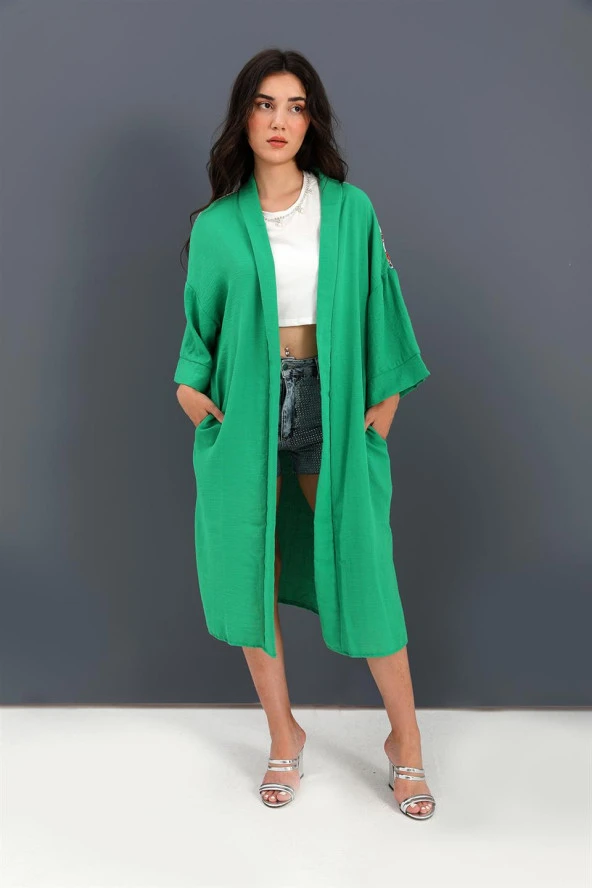 Kimono Arkası Baskılı Püsküllü Keten - Yeşil - 2