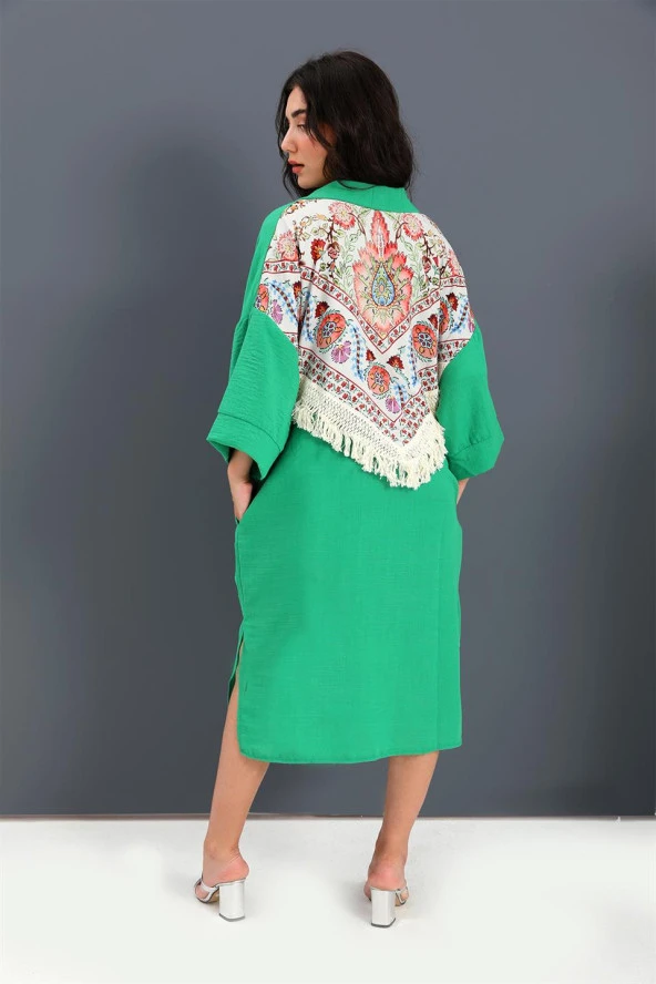 Kimono Arkası Baskılı Püsküllü Keten - Yeşil - 4