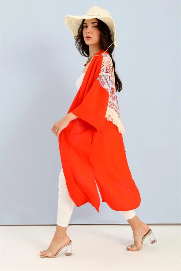 Kimono Arkası Baskılı Püsküllü Keten - Turuncu - 3