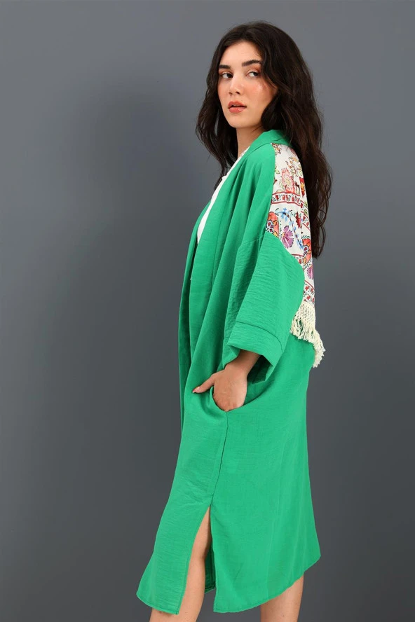 Kimono Arkası Baskılı Püsküllü Keten - Yeşil - 3