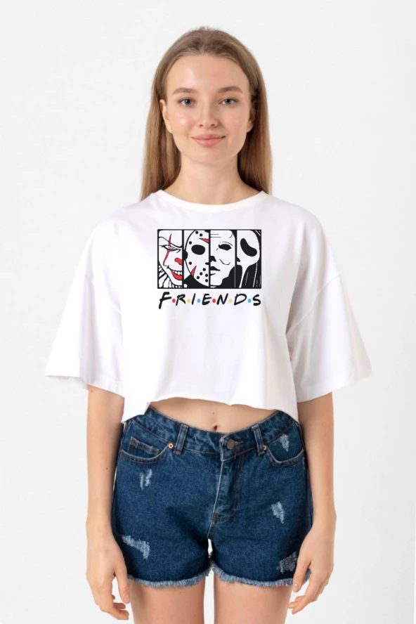 Horror Character Friends Beyaz Kadın Crop Tshirt