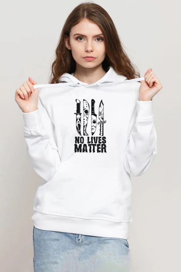 Horror Knifes No Live Matter Beyaz Kadın 3ip Kapşonlu Sweatshirt