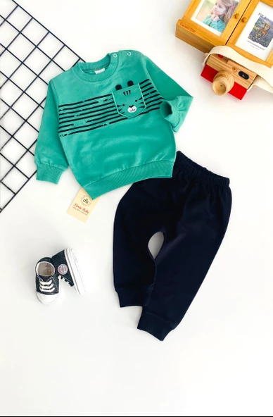 Neşeli Bebekler Kedi Baskılı Cepli Penye Takım Yeşil Siyah ürün görseli