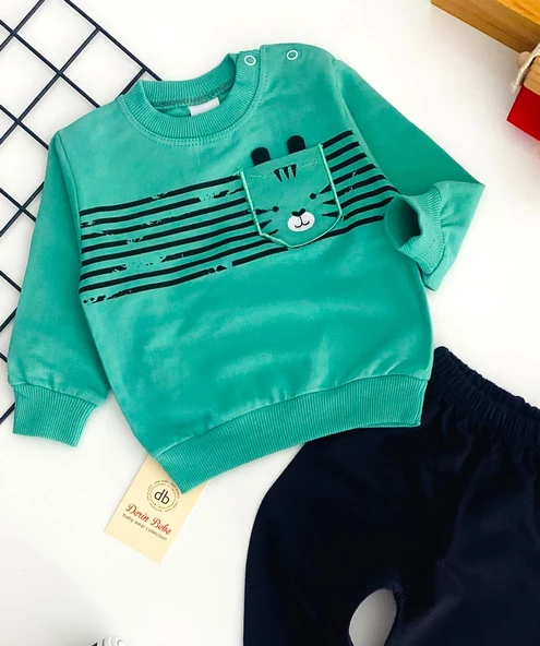 Neşeli Bebekler Kedi Baskılı Cepli Penye Takım Yeşil Siyah - Resim 2