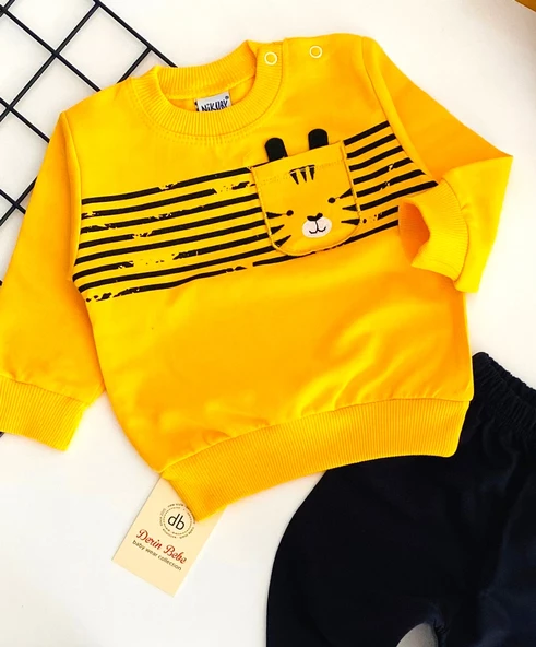 Neşeli Bebekler Kedi Baskılı Cepli Penye Takım Sarı Siyah - Resim 2