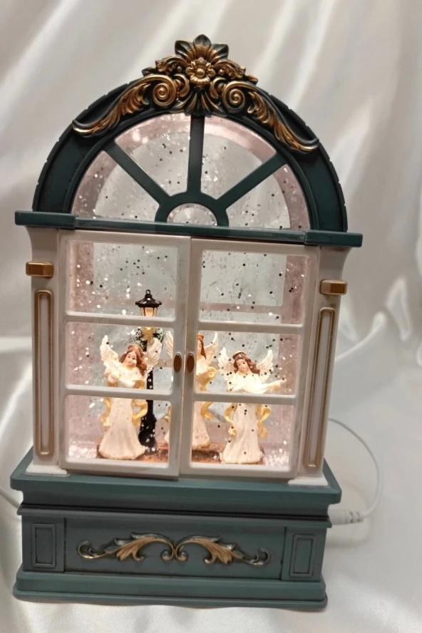 Yılbaşı Noel Pencere Tasarımlı Kar Küresi Noel Baba Karakter Işık kahve Yeni Yıl Melek Kanat