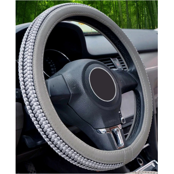 Geçmeli Direksiyon Kılıfı Hasır Örgülü Oto Yeni Model Direksiyon Kılıfı Gri 37-38Cm - 1