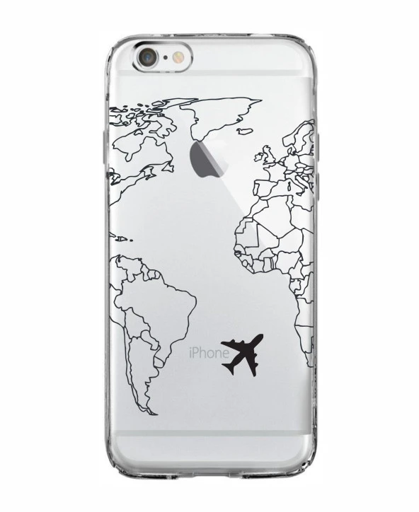 iPhone 6 World Map Lines Premium Şeffaf Silikon Kılıf Baskılı