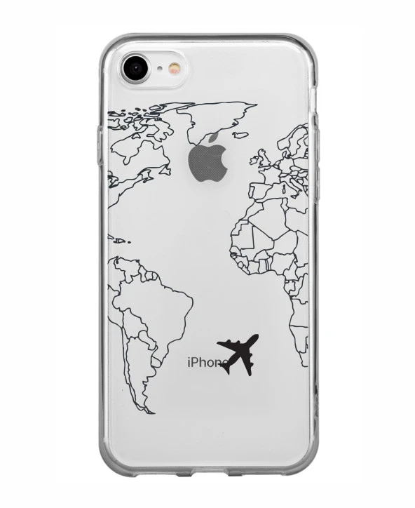 iPhone 8 World Map Lines Premium Şeffaf Silikon Kılıf Baskılı ürün görseli