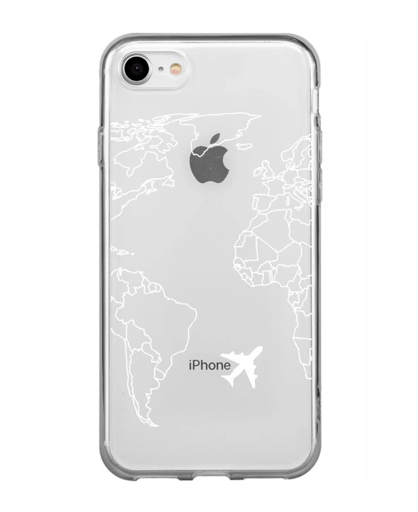 iPhone 8 World Map Lines Premium Şeffaf Silikon Kılıf Baskılı - Resim 2