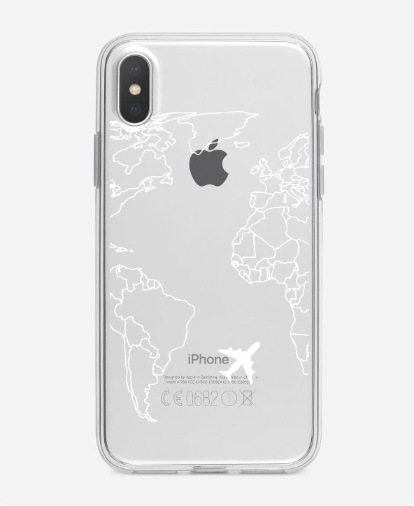 iPhone X World Map Lines Premium Şeffaf Silikon Kılıf Baskılı - Resim 2