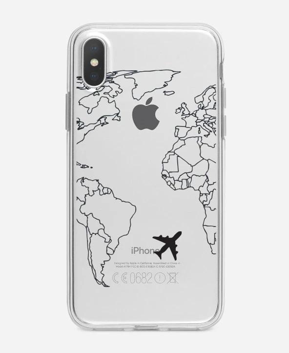 iPhone X World Map Lines Premium Şeffaf Silikon Kılıf Baskılı - Resim 3