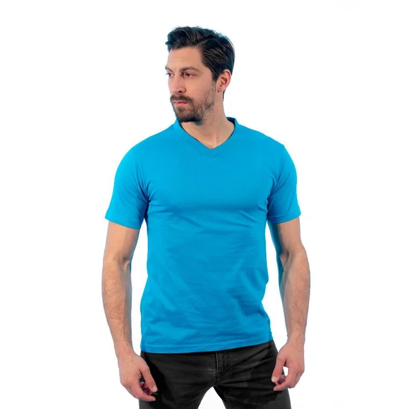V Yaka Tişört, Turkuaz -113E209- T-shirt, Tshirt, Kısa Kollu