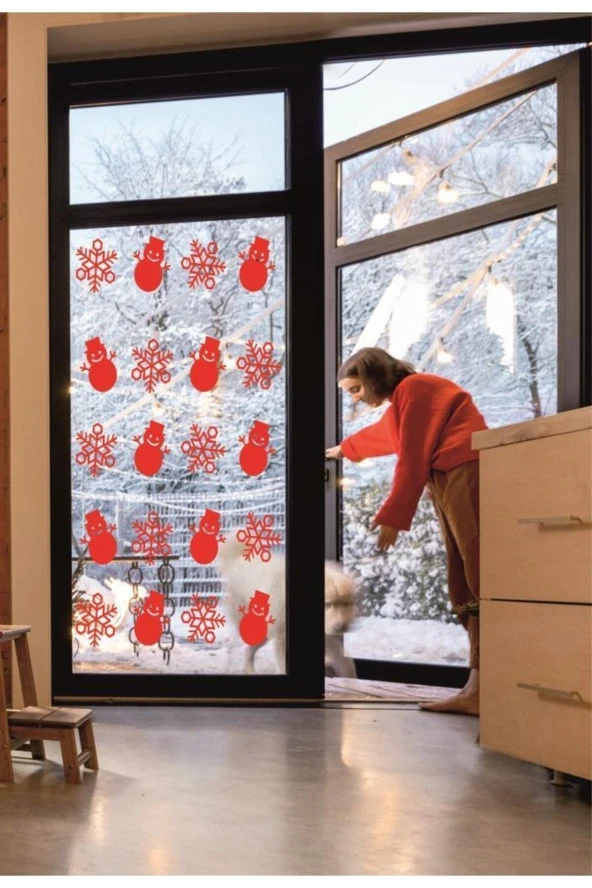 Yeniyıl Noel Temalı Vitrin Cam Kardan Adam Kar Tanesi Sticker Kırmızı 69 Adet