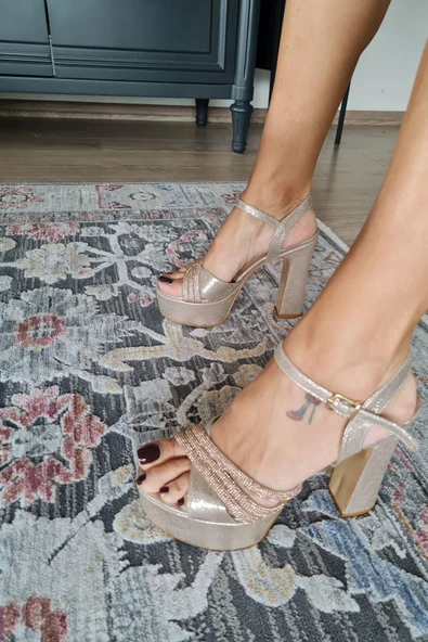 11 5470 Topukla Kadın Platform Topuk Bilekden BağLmalı Taşlı Abiye Ayakkabı - Resim 2