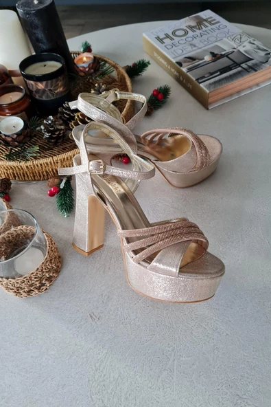 11 5470 Topukla Kadın Platform Topuk Bilekden BağLmalı Taşlı Abiye Ayakkabı - Resim 4