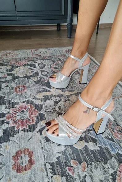 11 5470 Topukla Kadın Platform Topuk Bilekden BağLmalı Taşlı Abiye Ayakkabı - Resim 7