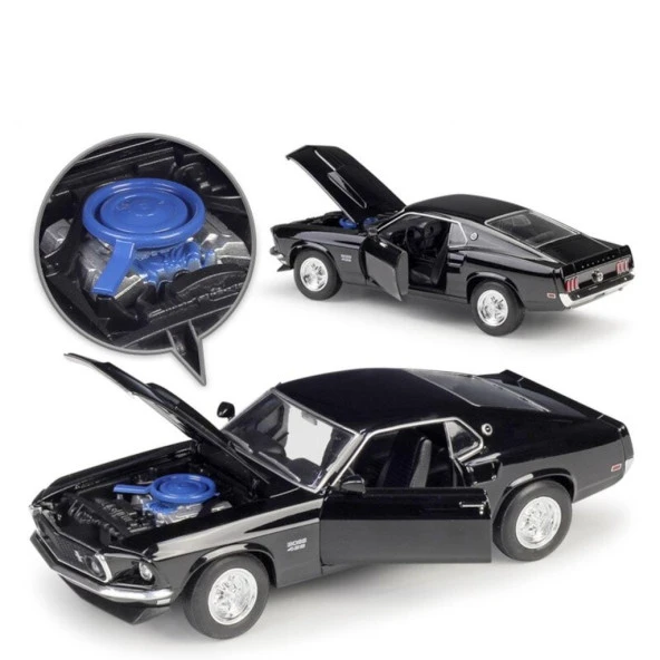 Welly 1969 Ford Mustang BOSS 429 Siyah 1:24 Model Araba - Resim 4