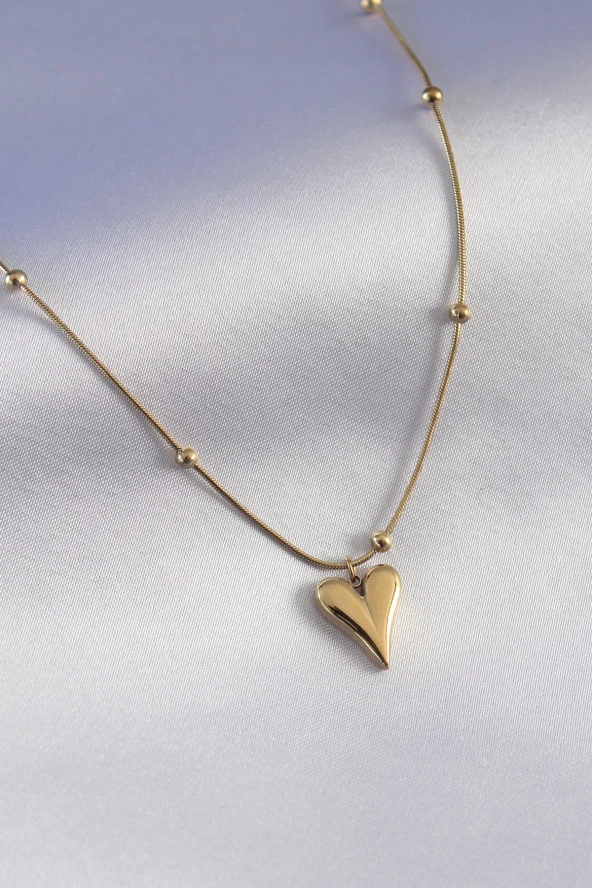316L Çelik Gold Renk Kalp Figür Minimal Top Detay Kadın Kolye ürün görseli