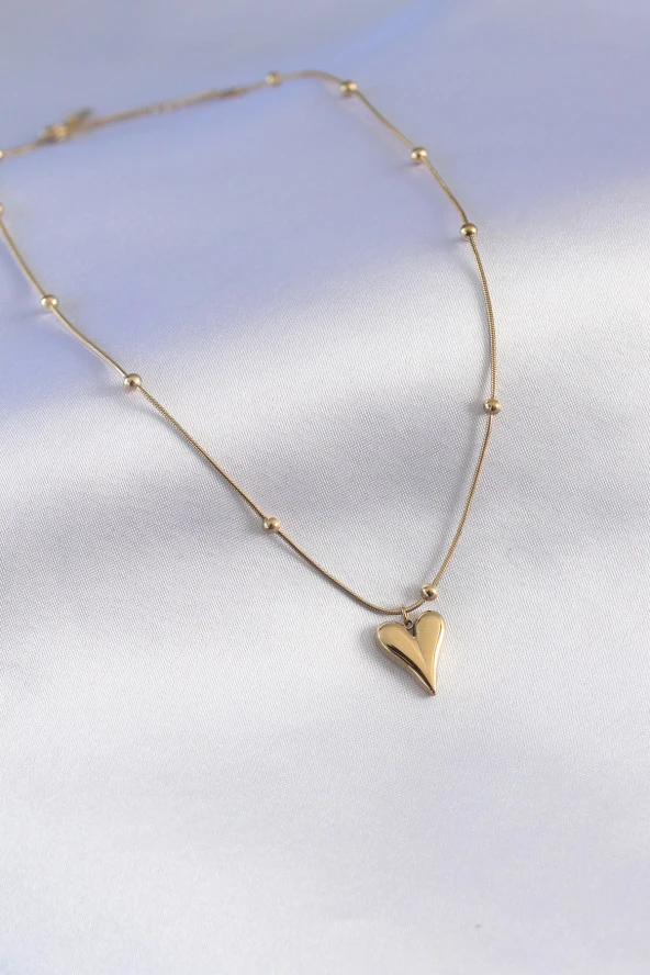316L Çelik Gold Renk Kalp Figür Minimal Top Detay Kadın Kolye - Resim 2